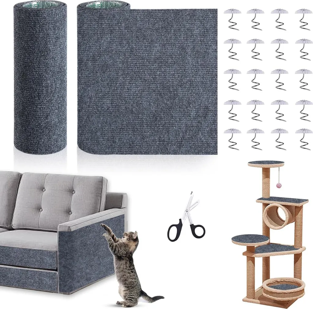 Tapis à griffer pour chat découpable et autocollant gris de 200x40cm