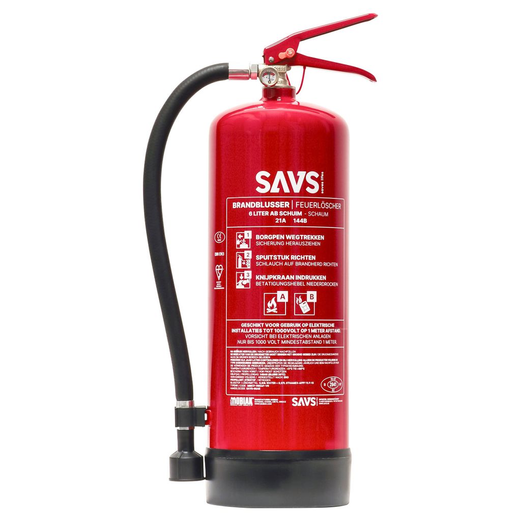 SAVS Feuerlöscher Schaum 6 Liter - 21A 144B - Mit Halterung - Europäische Produktion - Schaumlöscher