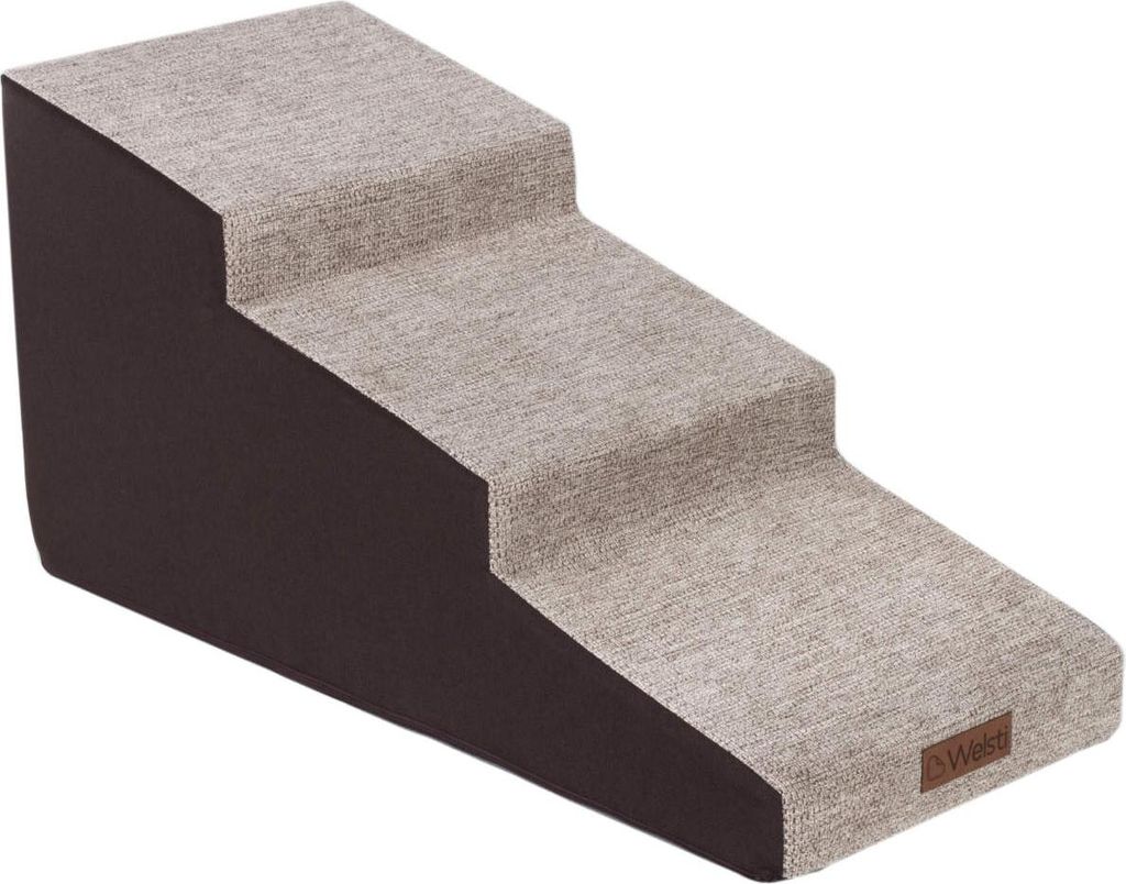 A three-step pet ramp with beige fabric on the steps and a dark brown base, shown against a white background.