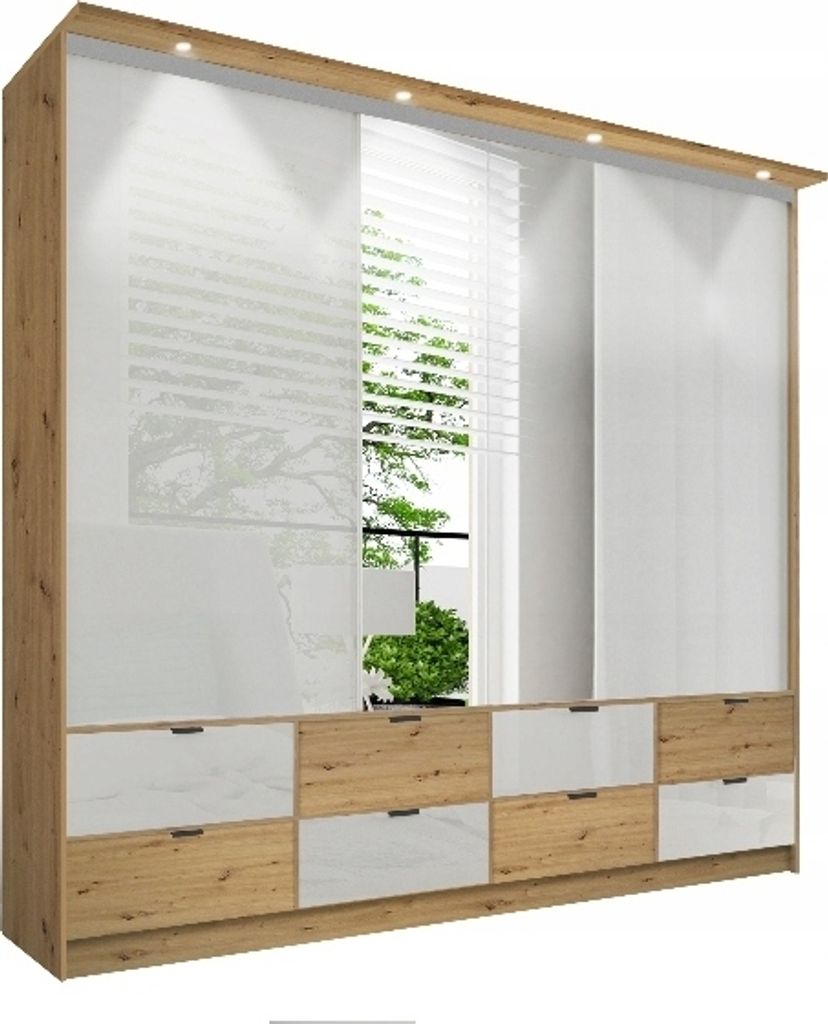 Verschiebbarer Schrank Für Schlafzimmer Malaga 250 Cm Acht Schubladen Grosser Spiegel Halbglänzende Fronten Farbe: Artisan Und Weiss
