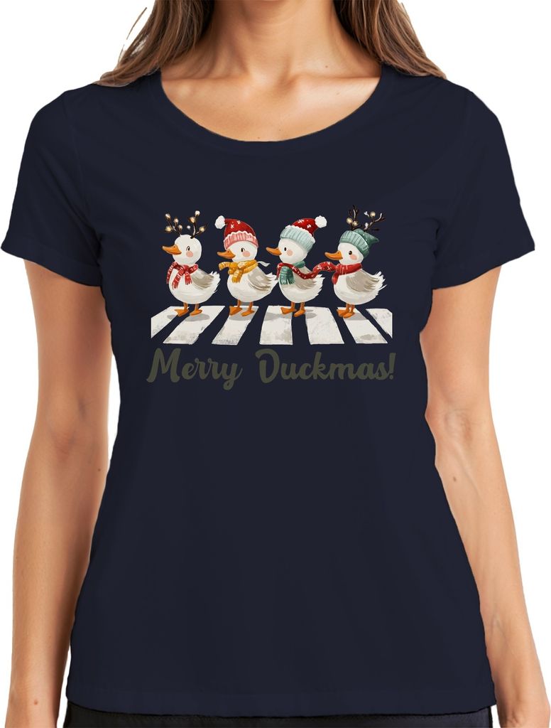 Merry Duckmas Zebrastreifen Entenmarsch - Weihnachten Xmas Christmas Damen T-Shirt, Navy, XL