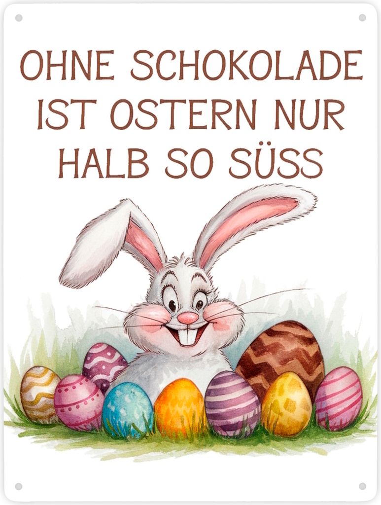 Fröhlicher Hase mit Ostereiern Metallschild XXL in 28x38 cm - Ostern ohne