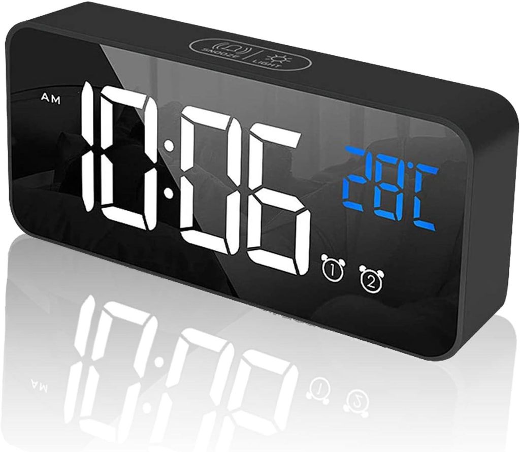 Wecker digital,moderne LED-Wecker,2 Alarme,Schlummerfunktion,4 Helligkeitsstufen,geräuschaktivierte Energieeinsparung,12/24 Stunden