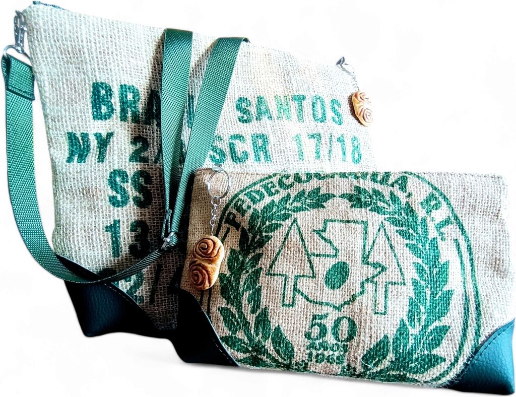 Van Der Elv-1 Umhängetasche + 1 Kulturtasche, Upcycling, Hamburger Kaffeesack, immer ein Unikat, Fair Trade, 100% Handarbeit, nachhaltig, vegan, u...