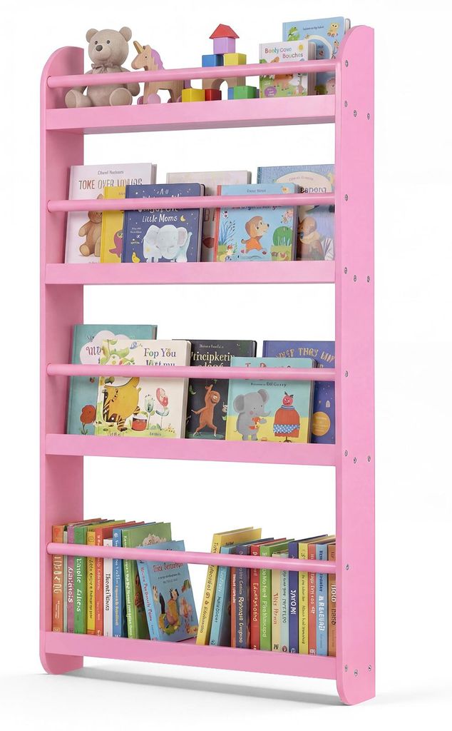COSTWAY Bücherregal für Kinder, Kinderregal mit 4 Ablagen, Wandregal aus Holz für Spielzeug & Bücher, schmales Aufbewahrungsregal, 56x12x107 cm...