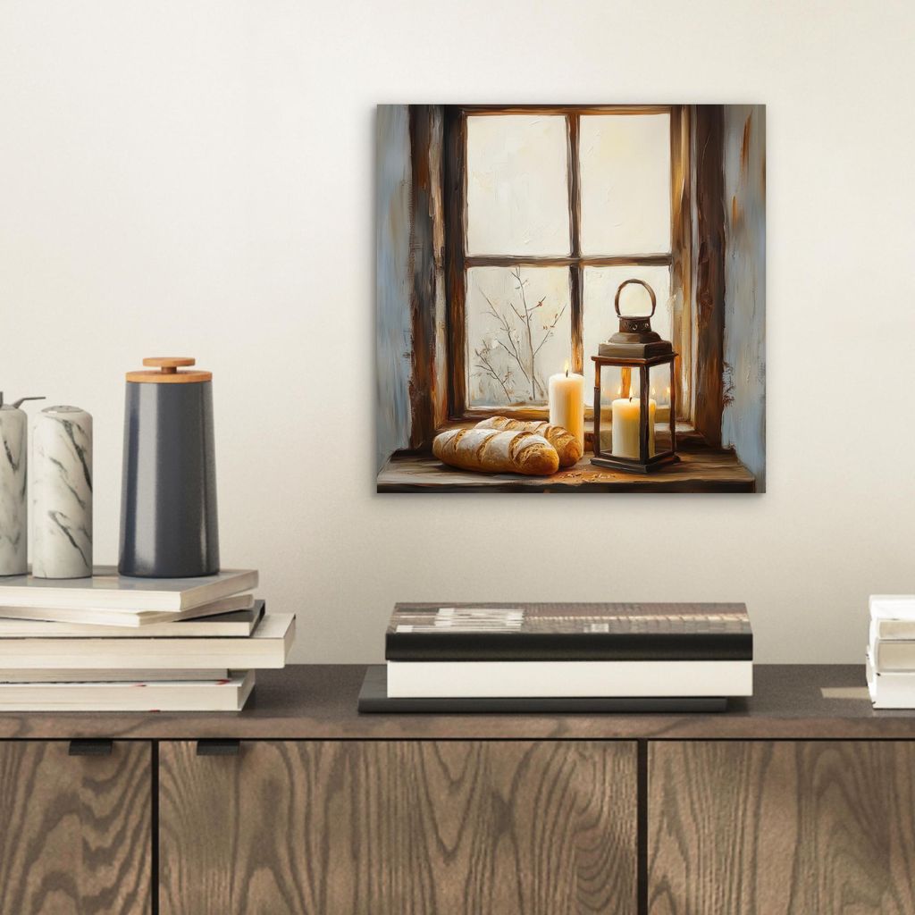 MuchoWow Wanddekoration Metall Metallbild Wandkunst 20x20 cm Stilleben - Rustikal - Kerzen - Brote - Fenster MuchoWow Aluminium Gemälde - Alu Dibo...