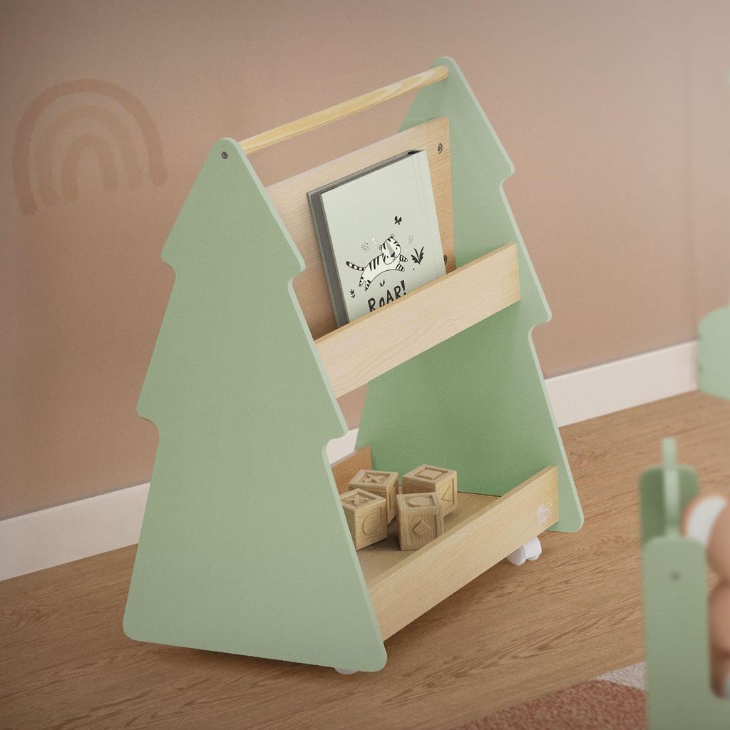 Joyz Bücherregal Kinder Tanne, 60x38x70,5 cm, Grün-Natur, 2 Seitiges Kinderregal aus Holz mit 3 Ablagen und 4 Rollen, Aufbewahrungsregal für Kinder