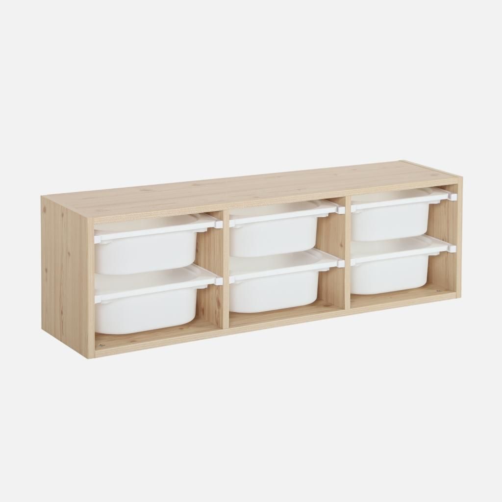 A wooden storage unit with six white plastic bins.