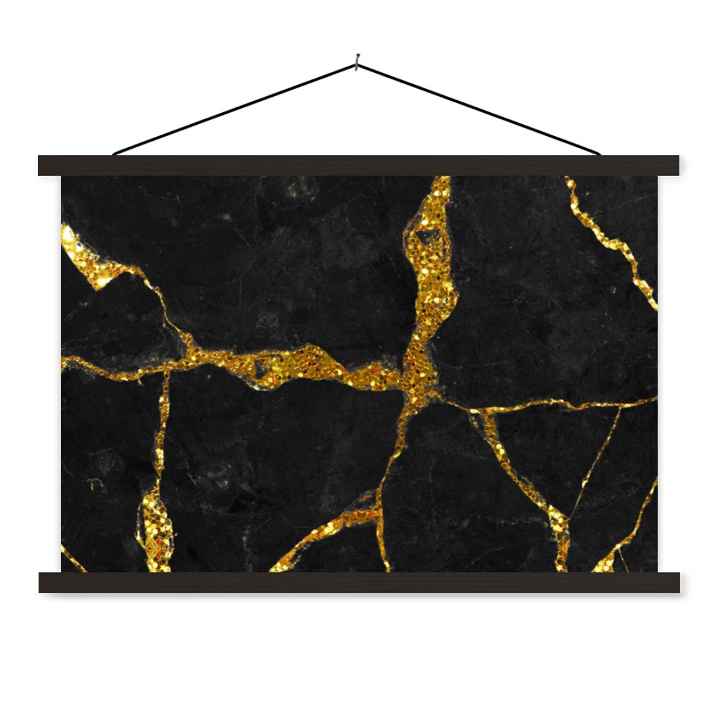 MuchoWow Textilposter Marmor - Gold - Schwarz - Marmoroptik - Glitter 90x60 cm mit schwarzem Rahmen - Aufhängungssatz