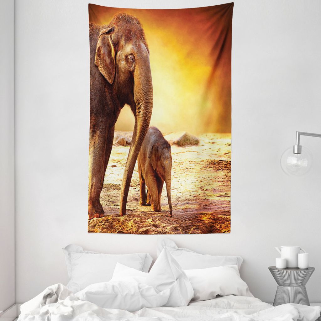 ABAKUHAUS Zoo Wandteppich und Tagesdecke, Mutter-Baby-Elefant-Familie aus Weiches Mikrofaser Stoff Waschbar ohne Verblassen Digitaldruck, 140 x 230...
