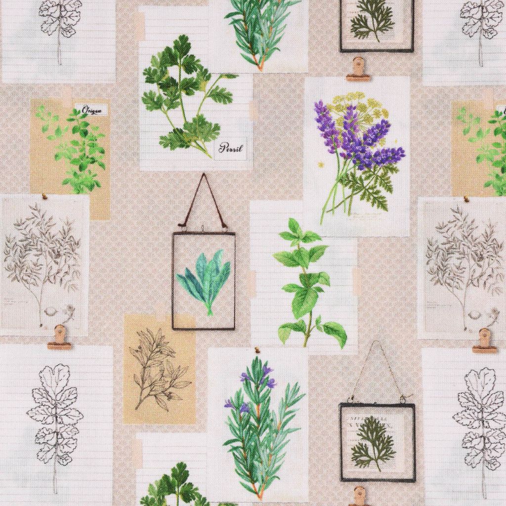 LeQuilt Patchworkstoff Baumwollstoff Popeline Kräuter Pflanzen Bilderwand beige grün lila 115cm Breite
