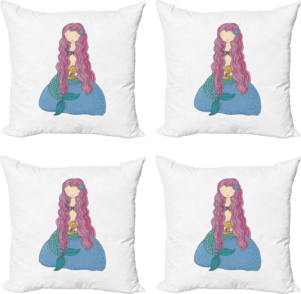 ABAKUHAUS Meerjungfrau Kissenbezug Set (4 Stück), Mädchen-Rosa-Haar, Moderner Doppelseitiger Digitaldruck, 40 cm x 40 cm, Mehrfarbig