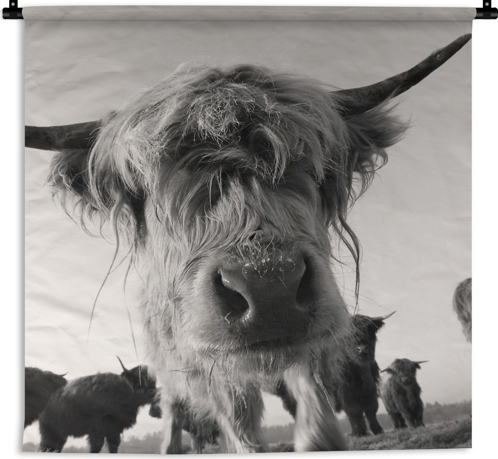 MuchoWow Wandteppich Wandbehang Schottisches Hochlandrind - Schwarz - Weiß - Tiere 90x90 cm Tapisserie Dekoration Wandtuch - Wandaufhänger