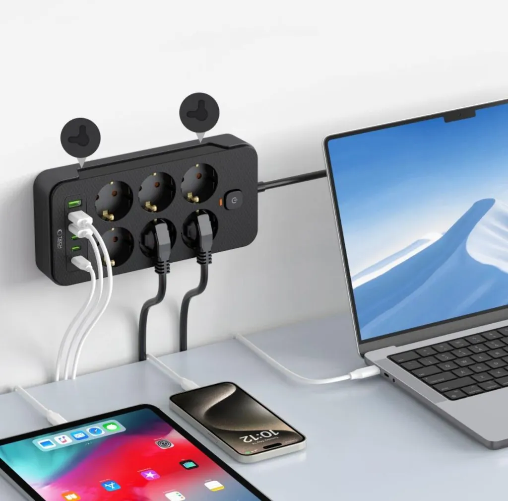 Multipresa Design Tech-Protect PC6X6: 6 Prese, USB-C, Cavo 2m Nero - 5
