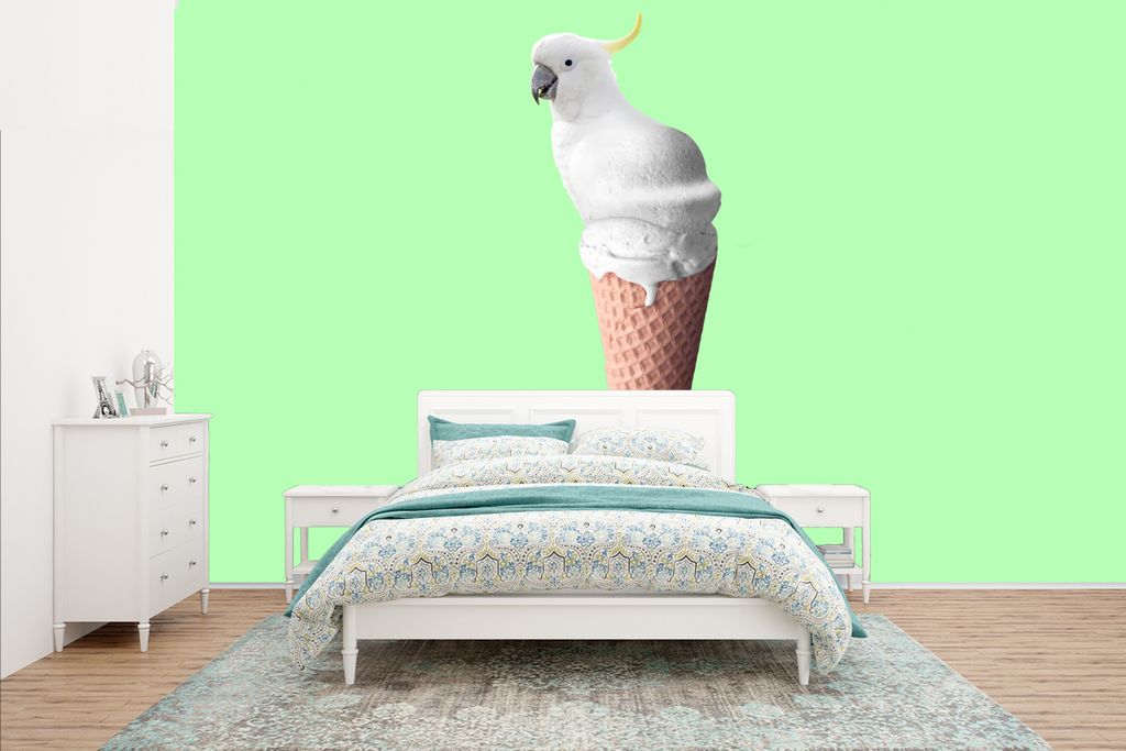 MuchoWow Fototapete für Wohnzimmer oder Schlafzimmer Wandtapete Vinyl Motivtapete Papagei - Eistüten - Eiscreme - Weiß - Grün - 400x240 cm - ...