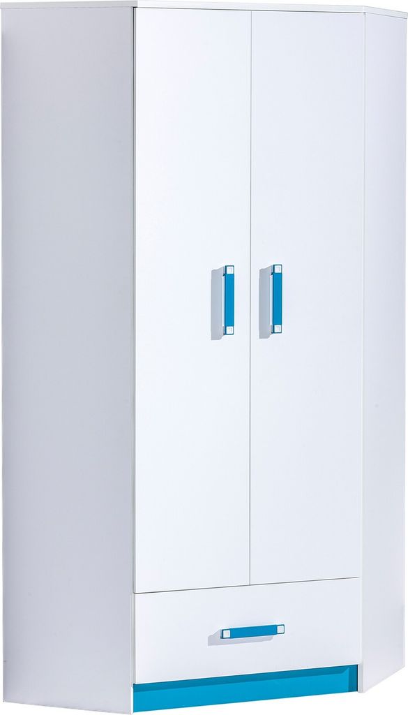 Furniture24 Eckkleiderschrank TRAFIKO 02, 2 Türiger Drehtürenschrank, Eckschrank mit 3 Einlegeböden, Kleiderstange und Schublade, Kleiderschrank...