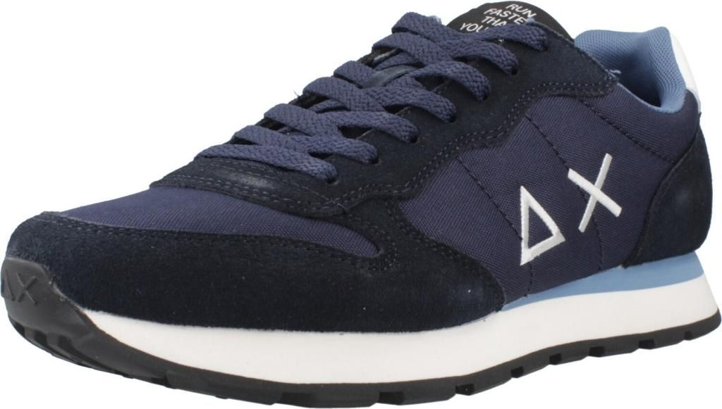 A close-up, side view of a blue and navy sneaker.