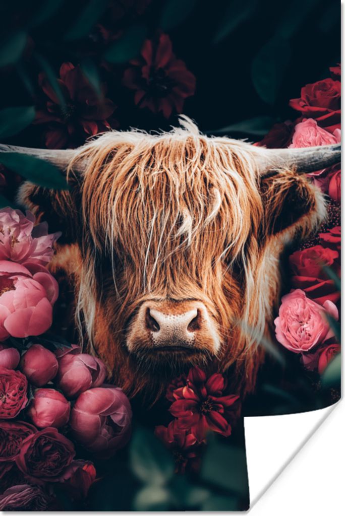 MuchoWow Poster Kuh - Schottischer Highlander - Blumen - Botanisch 80x120 cm - Papierdruck