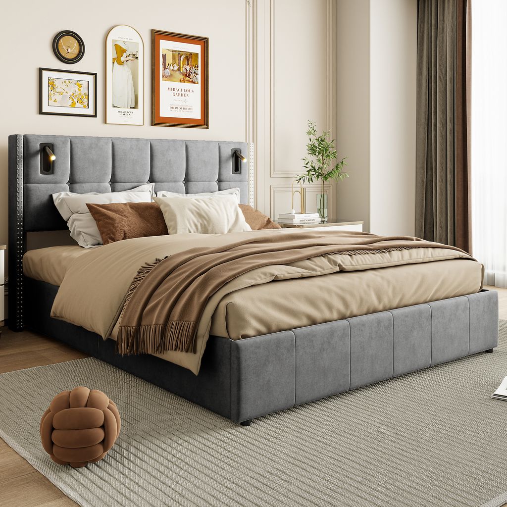 UnboxG Polsterbett 140x200cm mit LED, Boxspringbett mit Lattenrost, Doppelbett mit Stauruam, Stauraumbett Funktionsbett, Samt, Grau