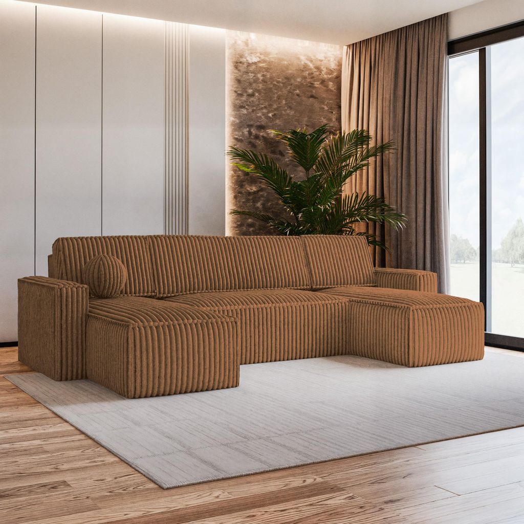 Masseno Ecksofa PESANO T mit Schlaffunktion U-Form, Sofa mit Bettkasten, Wohnzimmersofa, Couch, Soffa, Bettsofa, Couchgarnitur- Orange, TILIA 56