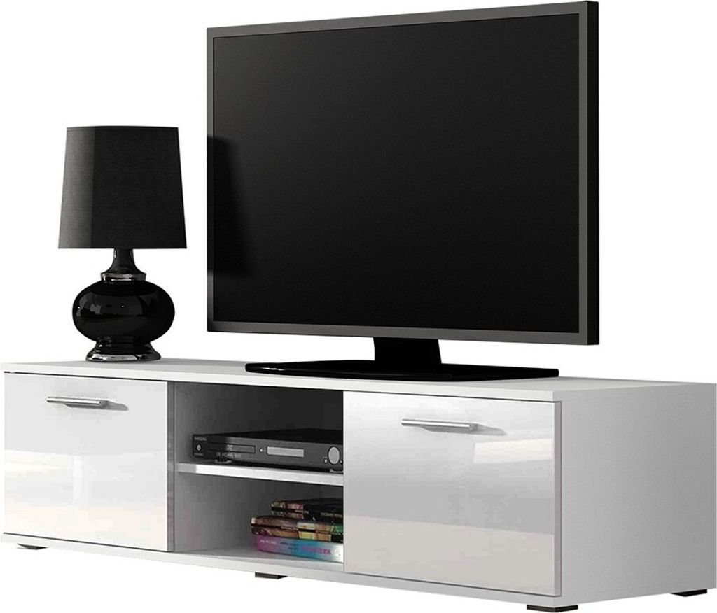 Furniture24 Tv Schrank SOHO 140, Lowboard, Unterschrank, 2 Türiger Weiß/Weiß Hochglanz