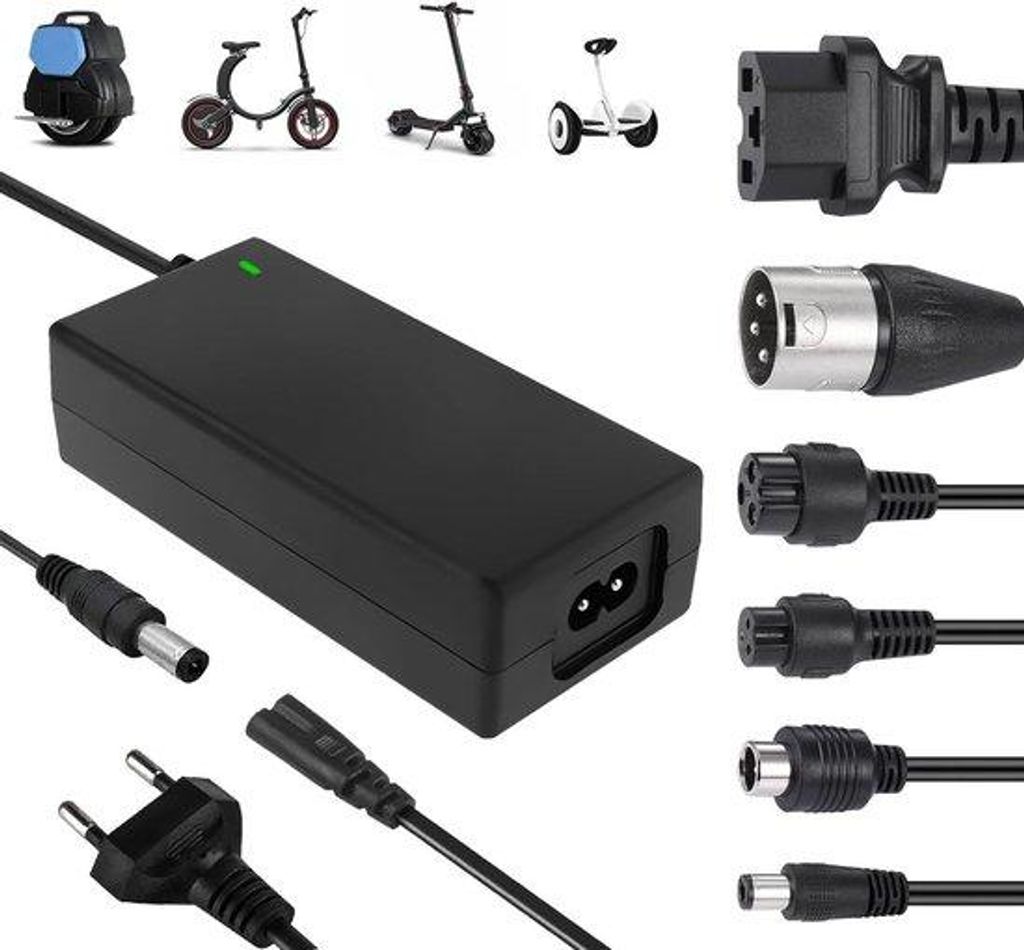 Universelle E-Bike-Ladegerät - 36V/42V 2A - 6 Batterieladestecker - Akkulader für Hoverboard, Drift Trikes, E-Scooter - für Xiaomi Mi Mijia M365...