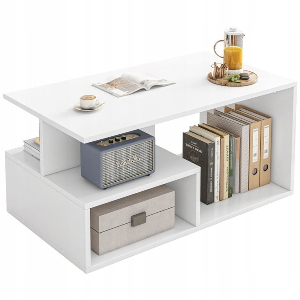 A white coffee table with shelves, displaying books, a speaker, a drink, and a storage box.