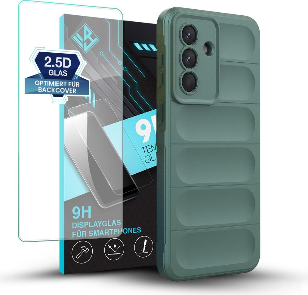 Handy Hülle für Samsung Galaxy A57 5G mit 9H Displayglas Displayschutz Plus Grip Case Cover Schutzhülle Softgrip Farbe: Grün