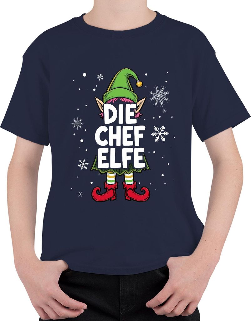 DIE CHEF ELFE Weihnachtselfe Weihnachten Wichtel Schneeflocken Uni Kinder T-Shirt, Navy, 116