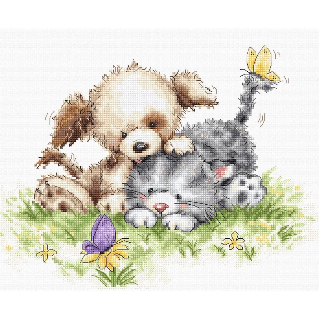 Auslaufmodell Luca-S Kreuzstich Set "Hund und Katze mit Schmetterling", Zählmuster, 23x18cm