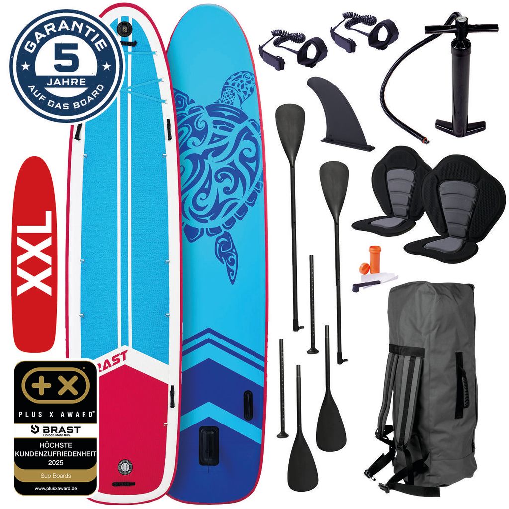 BRAST SUP Board Family | Aufblasbares Stand up Paddle Set XXL | 370x87x15cm bis 250kg | 7 Designs | inkl. Zubehör 2X Kajak-Sitz 2X Fußschlaufe 2X...