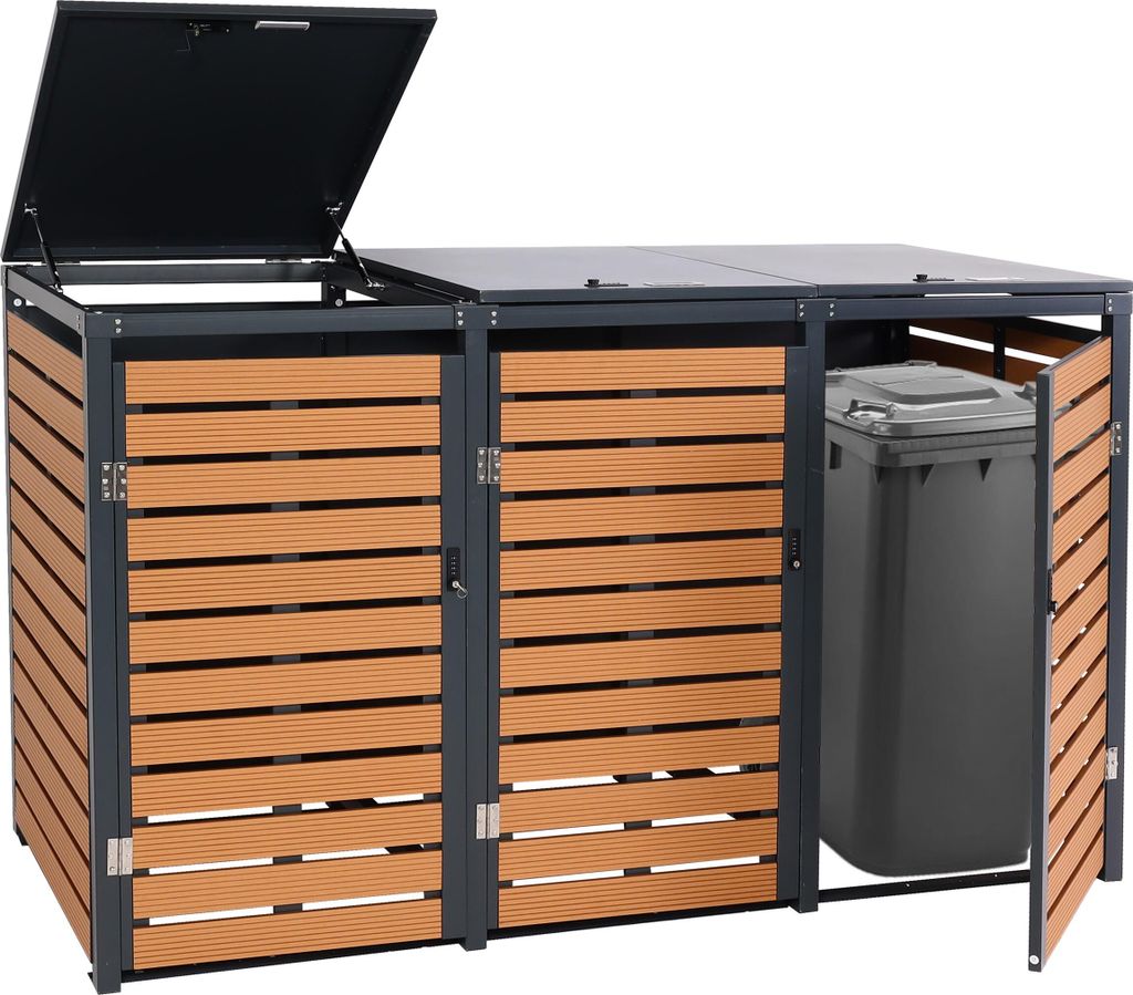 3er Mülltonnenverkleidung HWC-K14, Mülltonnenbox Mülltonnenabdeckung, 119x205x84cm WPC Metall 109kg Teak-Optik