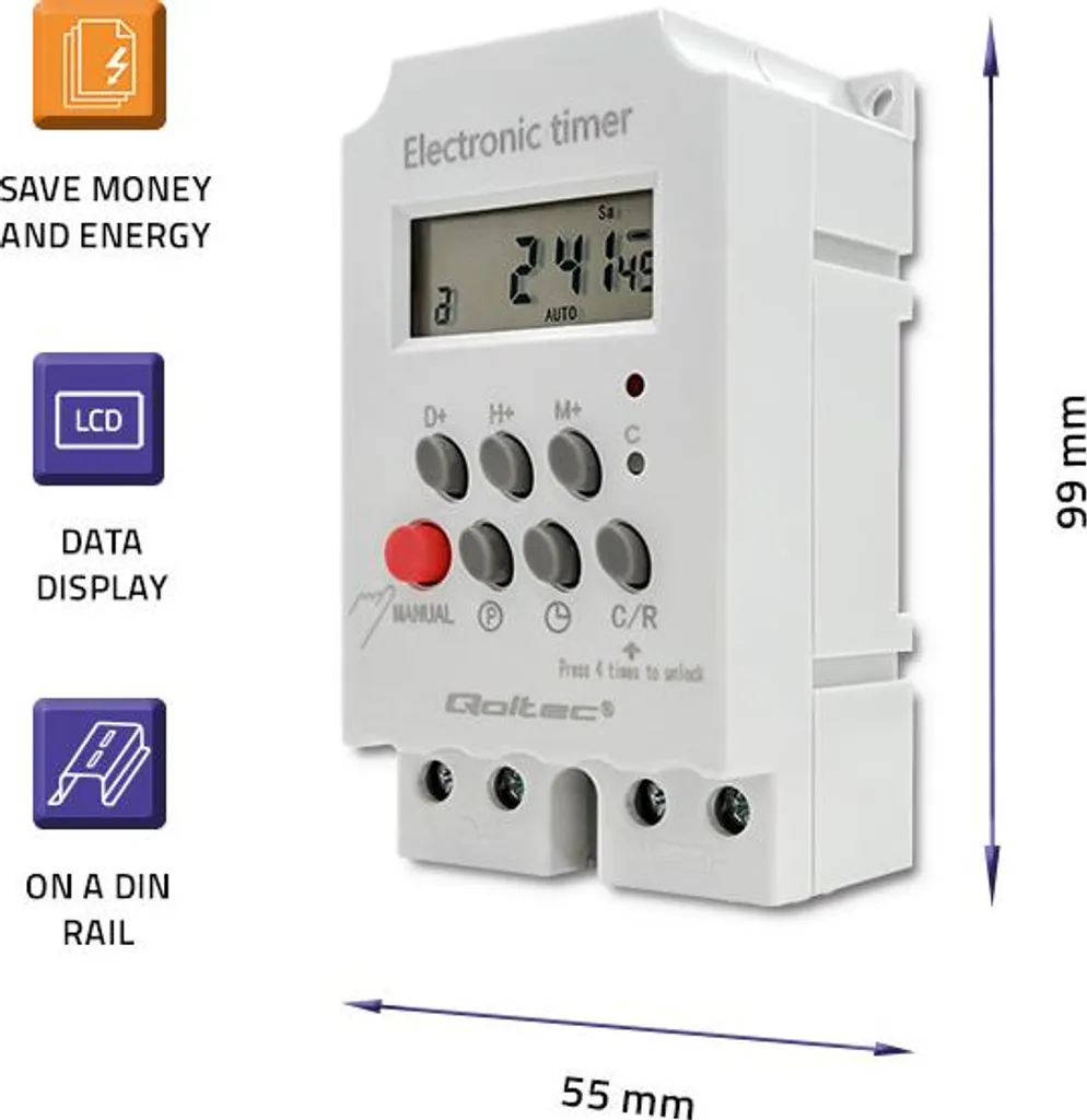 Programmatore Orario Digitale Qoltec 50629 per Guida DIN - LCD 230V - 3