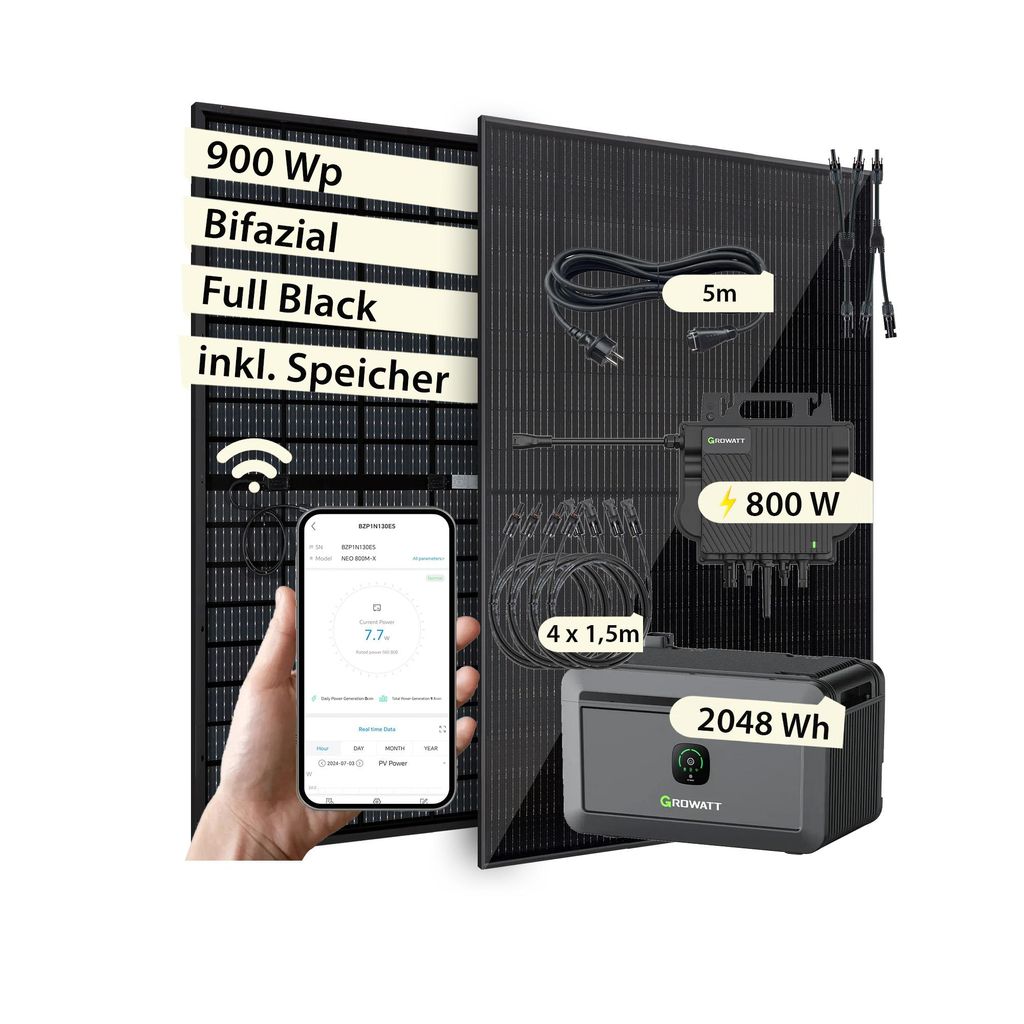 VALE Balkonkraftwerk 900 Wp mit Speicher Bifazial | Growatt Noah 2.048Wh & Neo 800M-X | 2x 450Wp Full-Black, 5m AC, WiFi