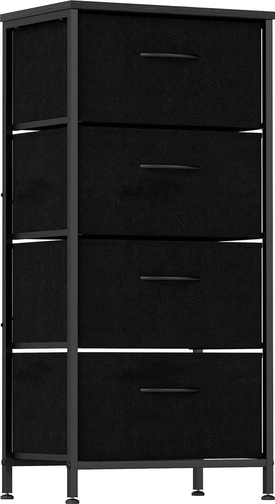 Commode à 4 tiroirs noir avec plateau en bois et structure métallique