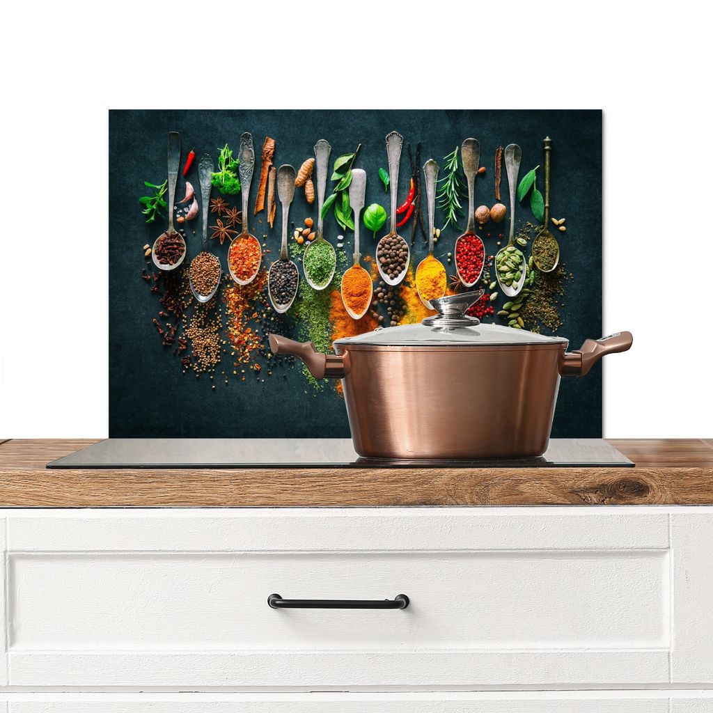 KitchenYeah Spritzschutz Küche - Küchenrückwand - Wandschutz für Herd und Spüle - Löffel - Gewürze - Farbenfroh - Gewürze 70x50 - Alu-Di...