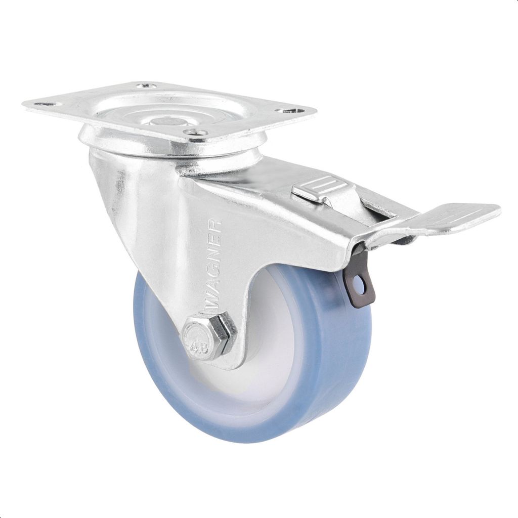 WAGNER Soft-Lenkrolle - Ø 100 mm, Stahl verzinkt, blau / weiß, Bremse, Anschraubplatte, Tragkraft 70 kg - 04760001