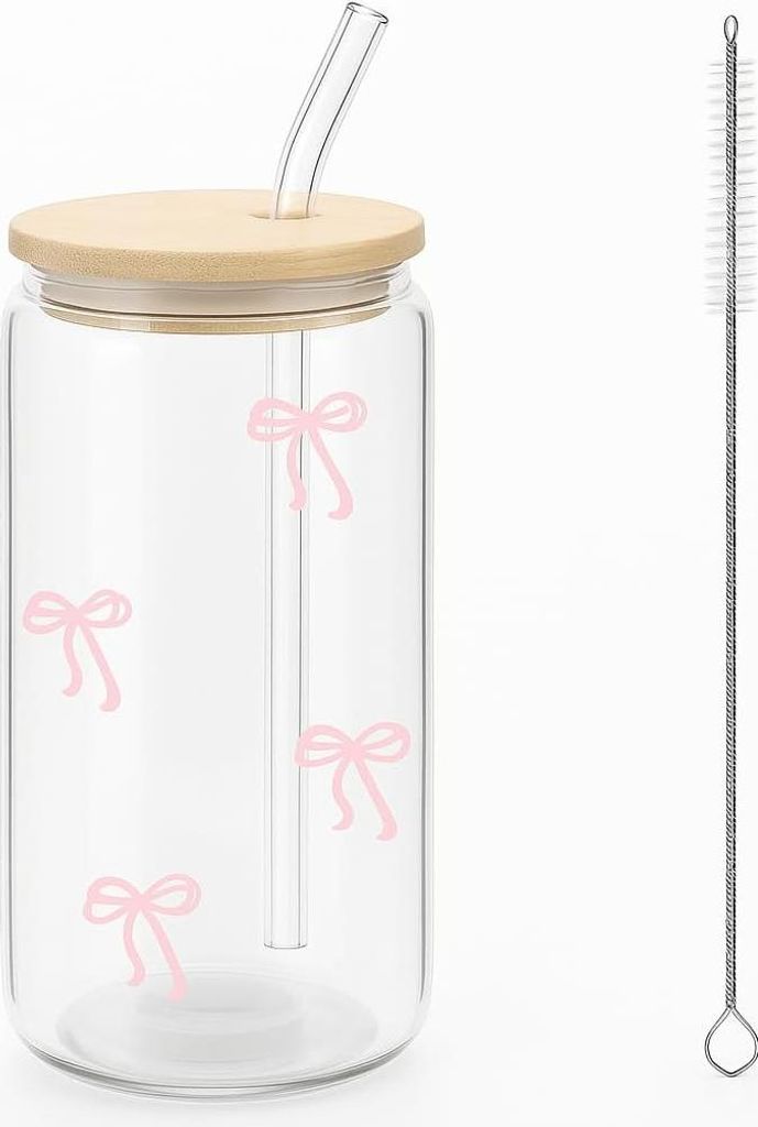 Charmante rosa Schleifen-Glas-Set mit Deckel und Strohhalm - Ideal für Eiskaffee - 16 Oz Kapazität