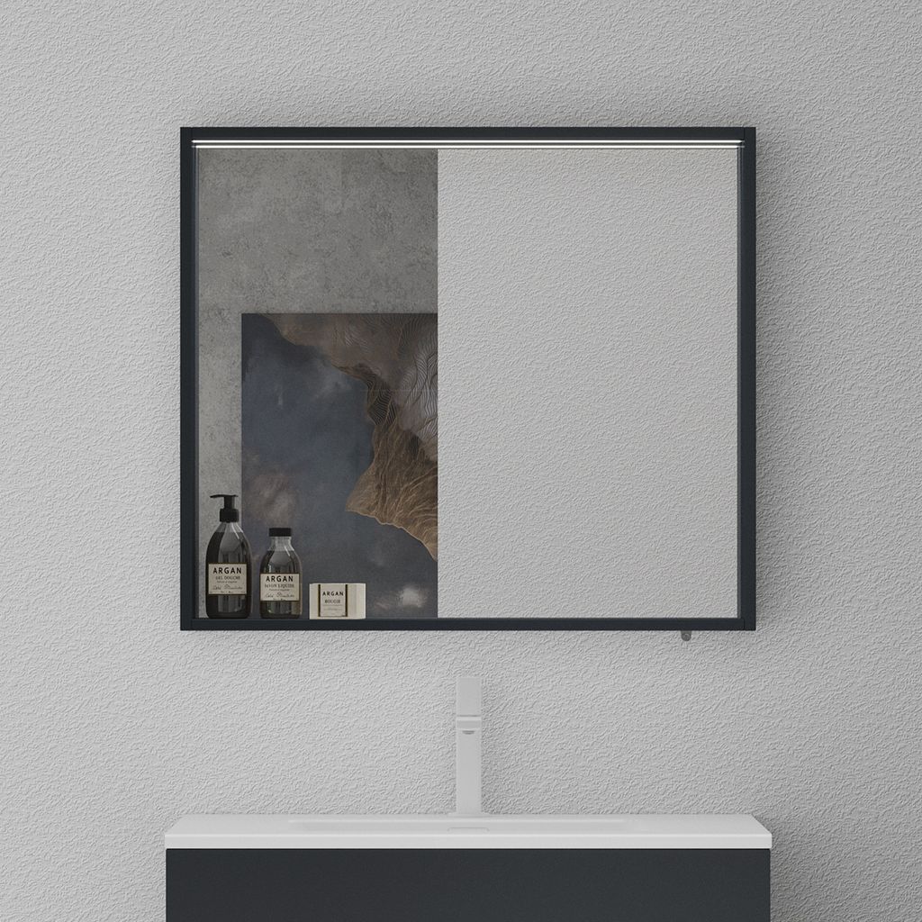 doporro Spiegelschrank Wandspiegel mit LED-Beleuchtung und Ablage Wandschrank in Matt Anthrazit aus Holz 80x12x70cm Hängeschrank für Badezimmer S...