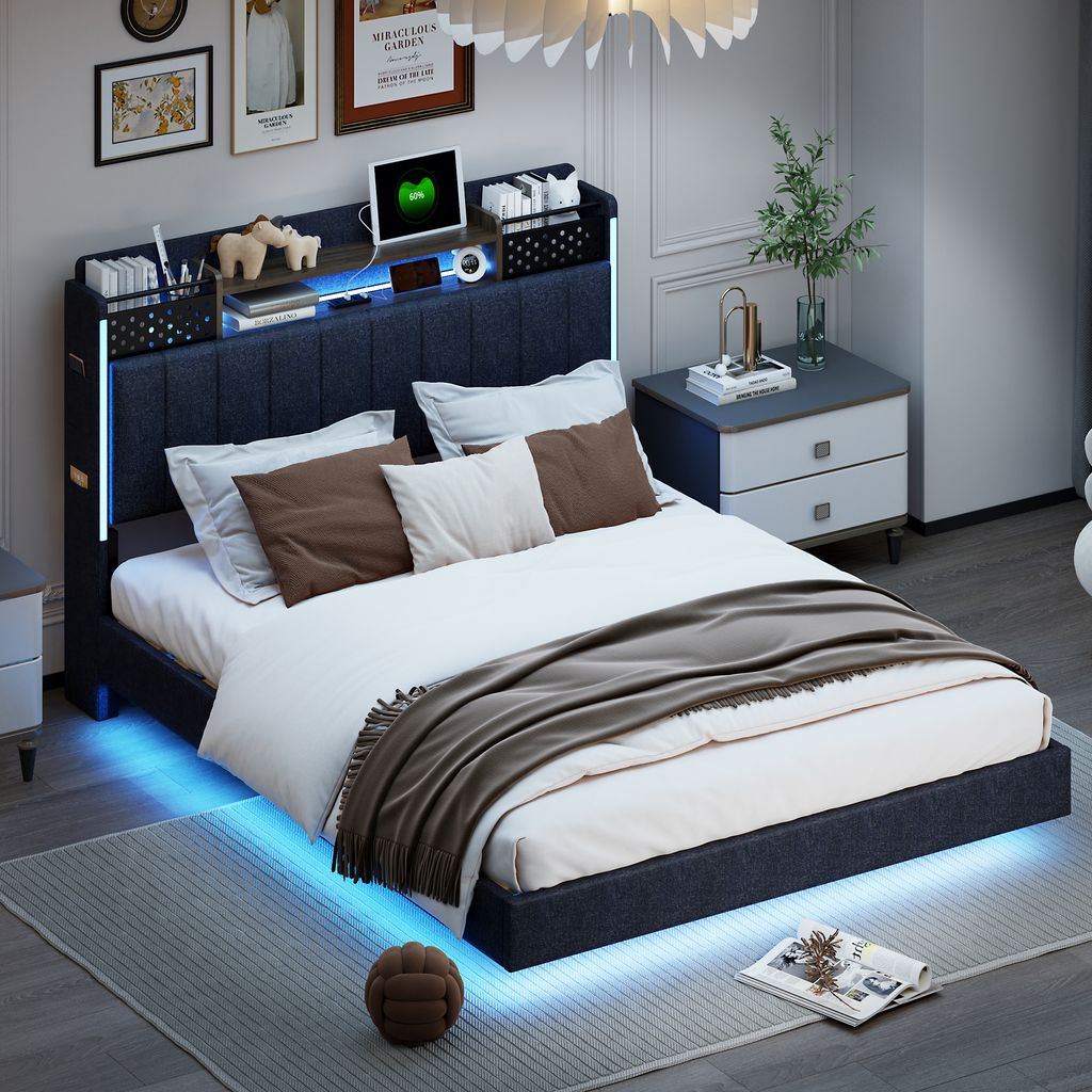 Polsterbett 140*200 mit LED-Beleuchtung und USB-Steckdose, Kopfteil mit Stauraum, Schwebebett Jugendbett Erwachsenenbett, Leinenstoff, Grau