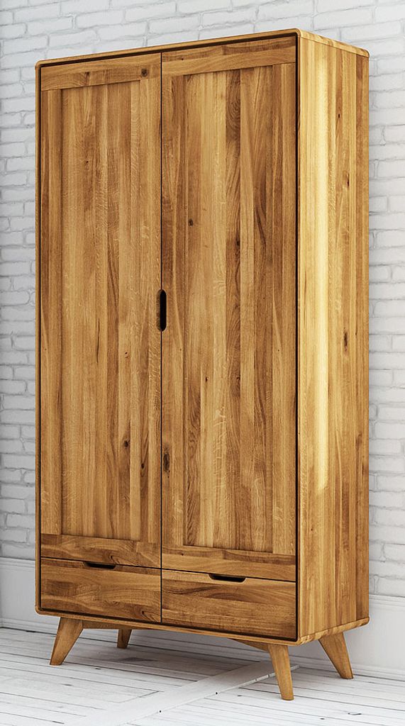 Kleiderschrank | 2 Drehtüren | 6 Fächer | 2 Schubladen | mit Kleiderstange | 90 cm breit | Massivholz | Farbe: Natur