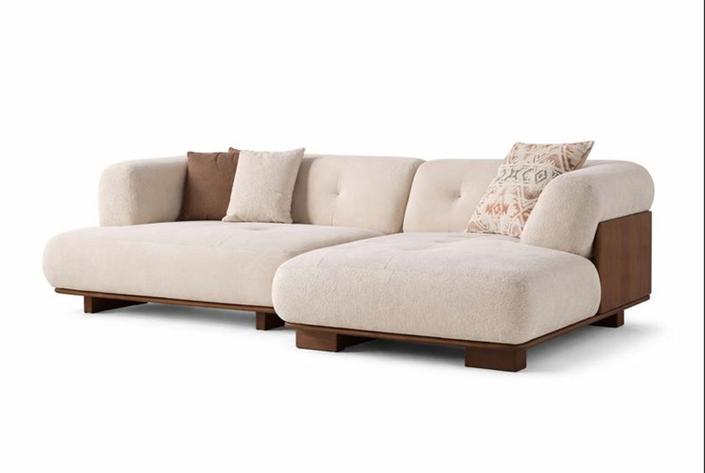 3-Sitzer-Sofa mit Ecksofa in Beige und braunem Sessel mit Holzrahmen