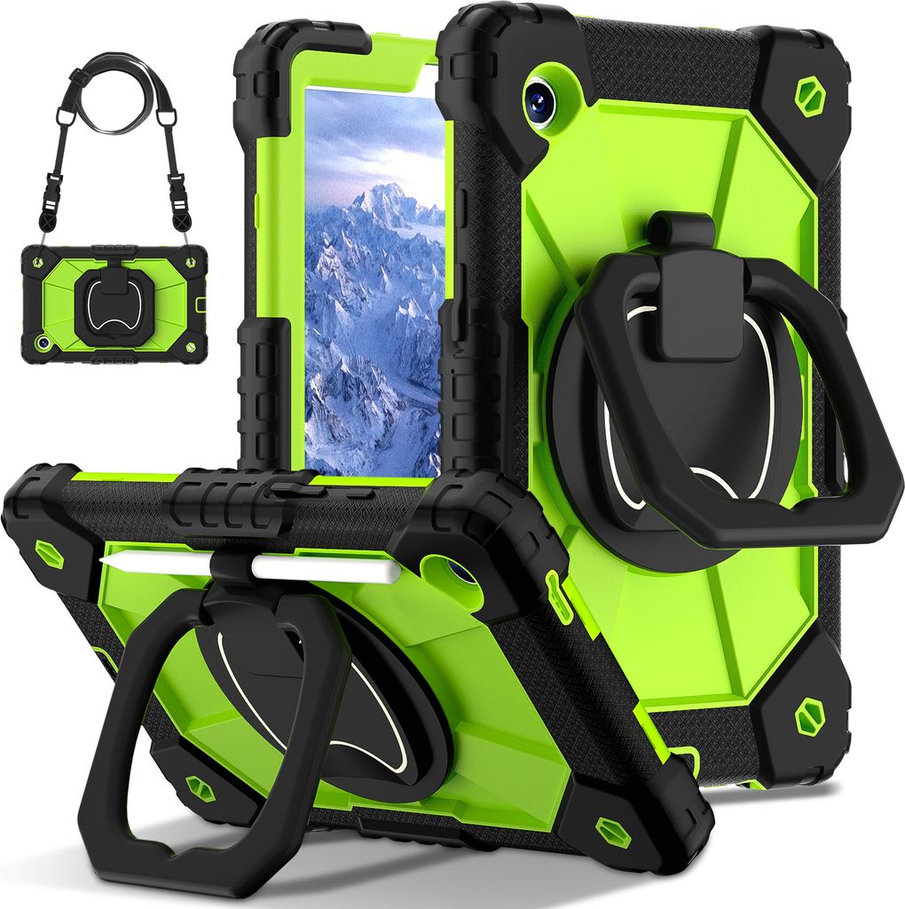 Hülle für Samsung Galaxy Tab A9 2023 8,7 Zoll SM-X110/X115/X117 Robuste Tragbare Schutzhülle mit Ständer, Handgurt und Schultergurt Schwarz Grün