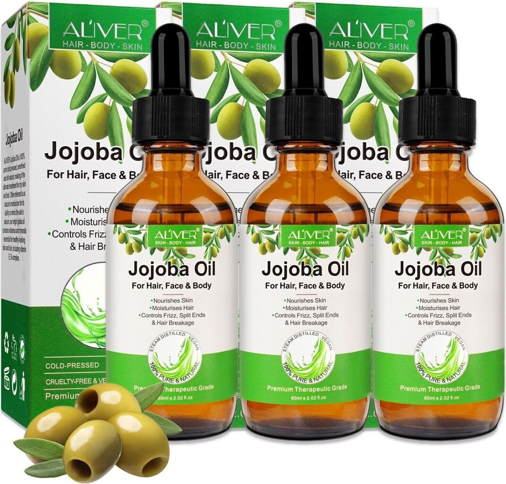 Jojobaöl Haaröl Hautöl Massage Haarpflege Hautpflege kaltgepresst Bio Vegan, 3x 60ml