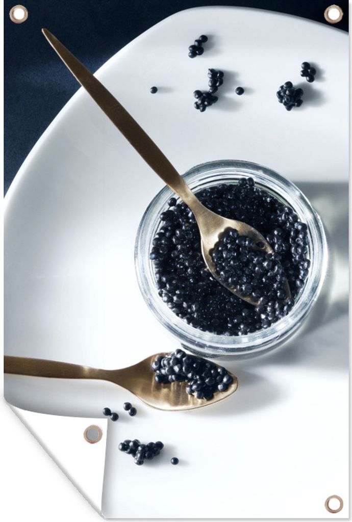 MuchoWow 60x90 cm Outdoor-Poster Gartendeko Sichtschutz Garten Poster für den Garten Frischer schwarzer Kaviar in einem Glas mit einem goldenen...