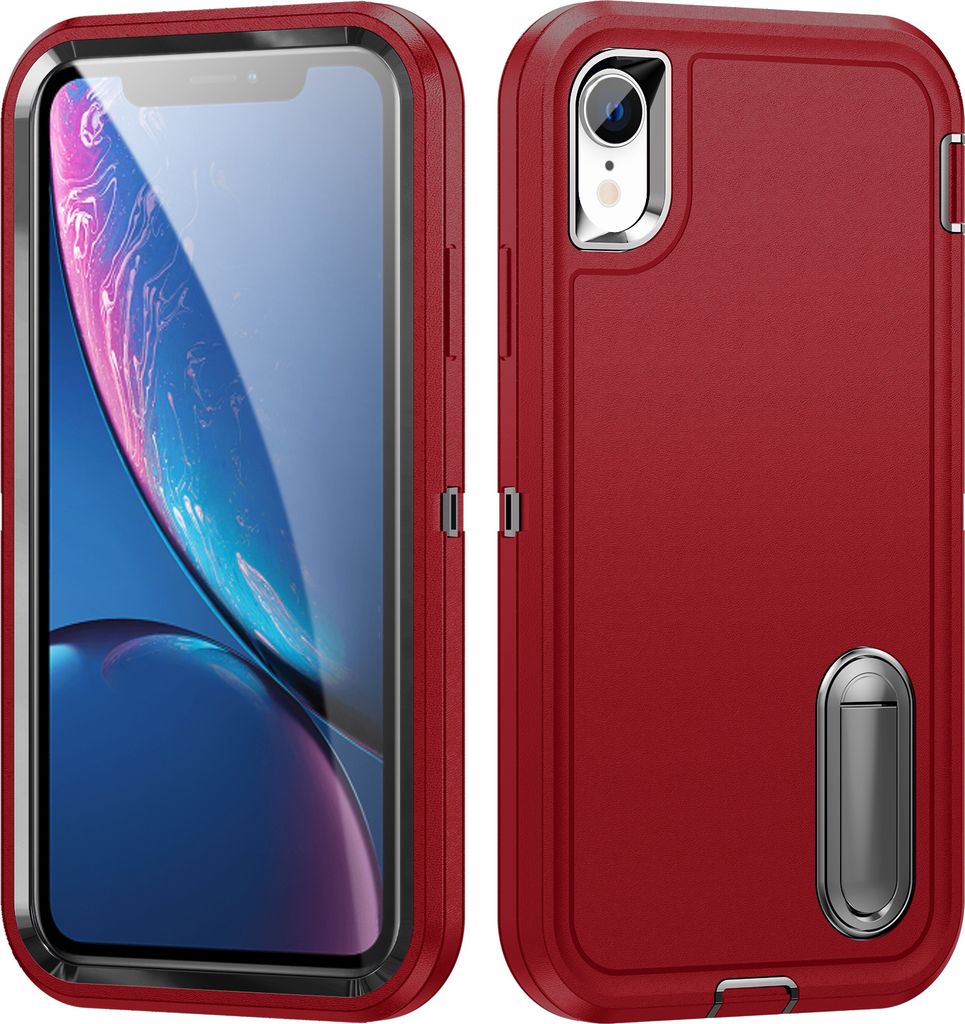 Hülle für iPhone XR Hybrid Dreilagige Robust Stoßfest Schwerlast Schutzhülle mit Ständer Rot