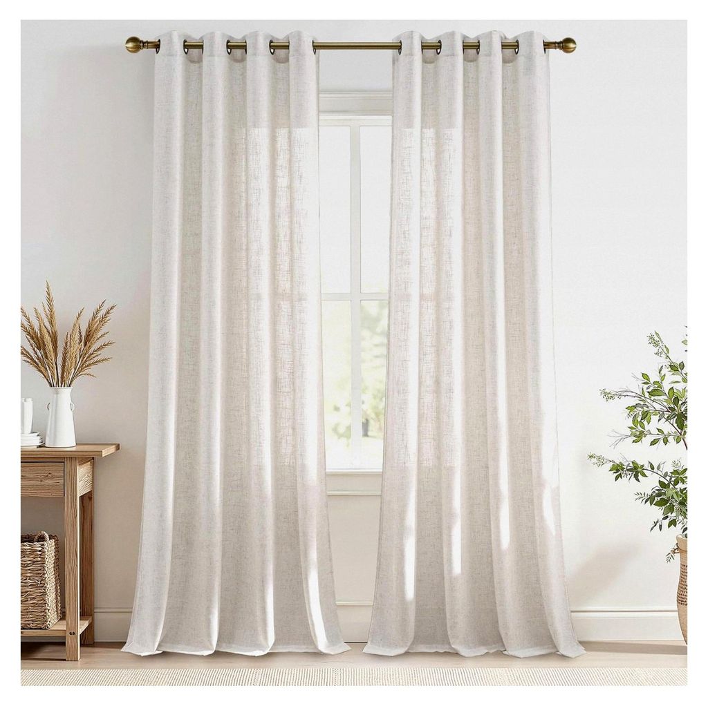 Dicker Leinenvorhang Boho (220g/m²) Sichtschutz für das Wohnzimmer, 2er Set, halbtransparente Leinen Gardinen H 225 x B 140 cm, bräunlich-weiß
