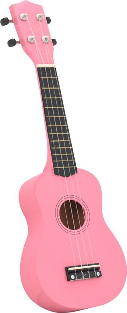 A pink ukulele is shown against a white background.