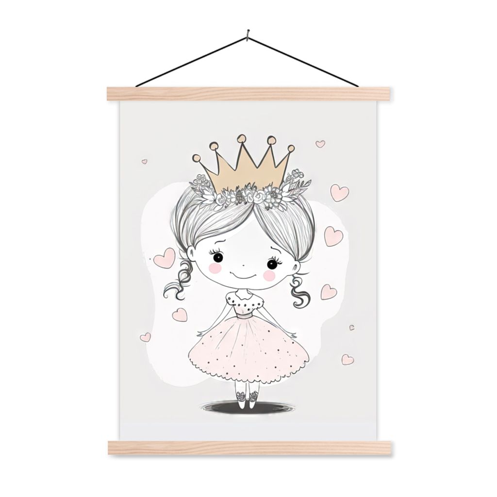 MuchoWow Textilposter Prinzessin - Herzen - Blumen - Krone - Mädchen 40x53 cm mit holzfarbenen Rahmen - Schlafzimmer