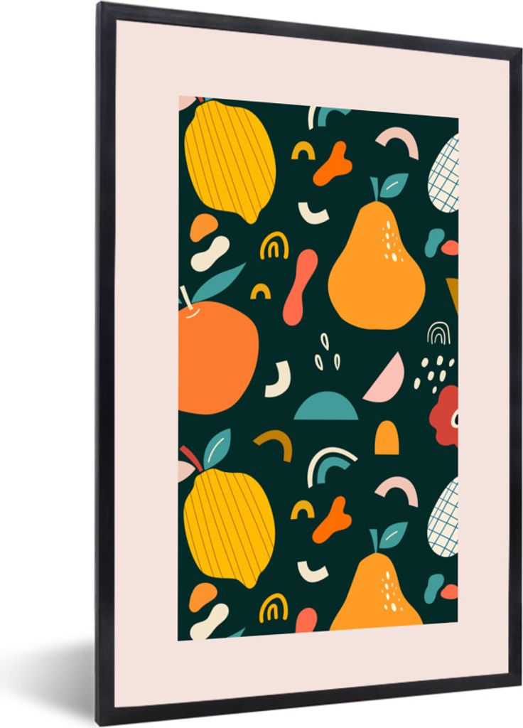 MuchoWow Gerahmtes Poster Lebensmittel - Obst - Blumen - Muster 60x90 cm - Poster mit Schwarzem Bilderrahmen Wandposter Rahmen Foto Bilder - Kunst